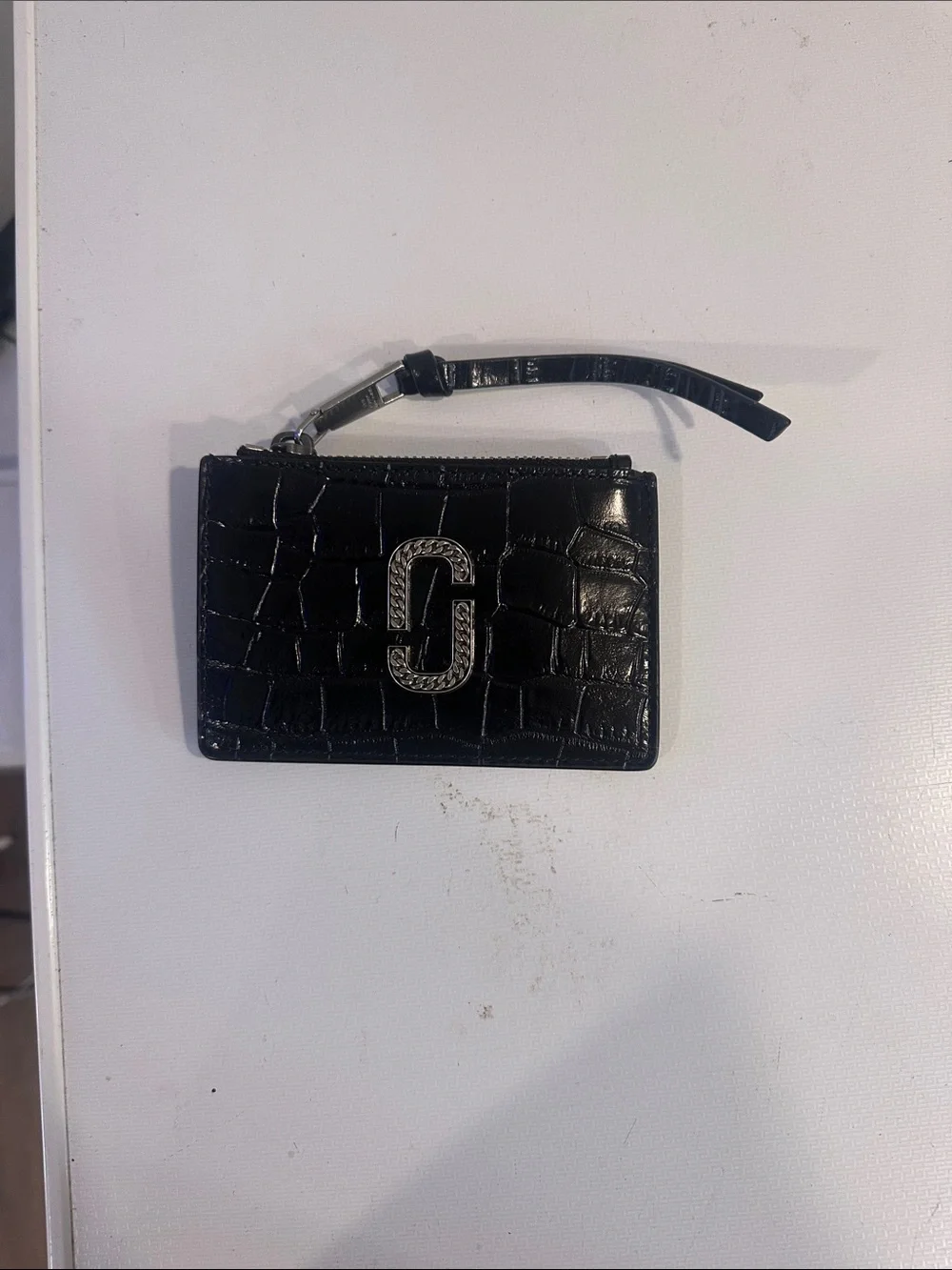 Black Croc-Embossed Zip Card Case with Double-J Accent
